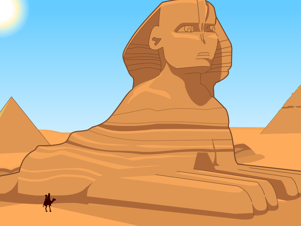 An ancient Egyptian stone statue with the head of a pharaoh and the body of a lion. Parts of the statue are broken and worn.