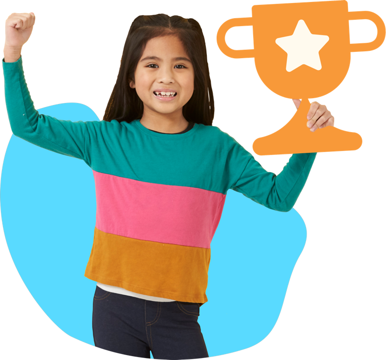 An empowered student flexes her arm while holding an illustrated trophy.